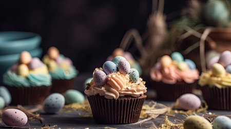 Easter cupcakes decorated with chocolate and eggs on a dark backgroundの素材