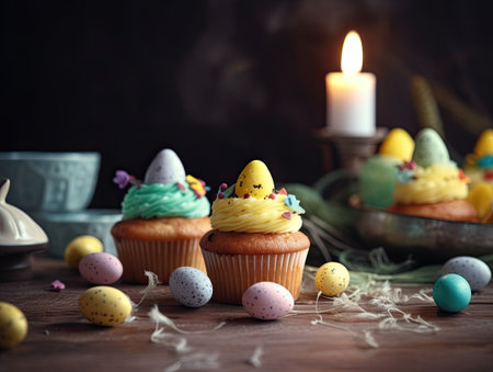 Easter cupcakes with colorful eggs and candles on wooden background.の素材