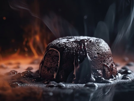 Chocolate pudding with chocolate glaze on a black background with smokeの素材