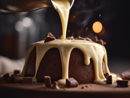 Chocolate cake with cream pouring into it on dark background, closeupの素材