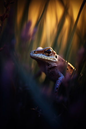 Lizard in the grass at sunset. Selective focus with shallow depth of field.の素材
