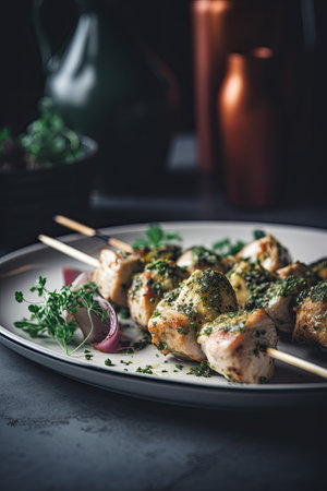 Chicken kebab on skewers with parsley, onion and spicesの素材