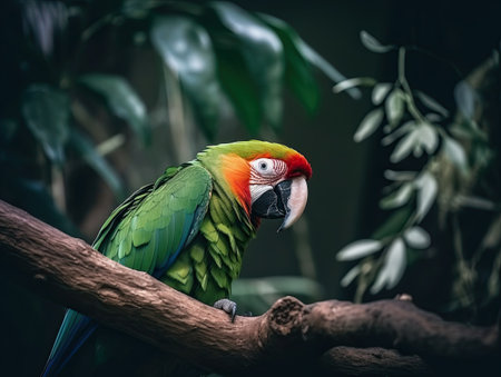 Red-and-green macaw sitting on a tree branch.の素材