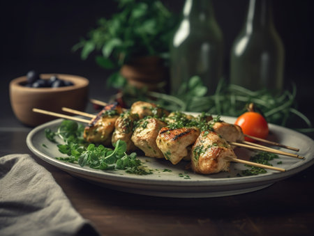 Grilled chicken meatballs on wooden skewers with herbs and olivesの素材