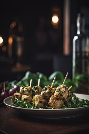 Grilled meatballs on wooden skewers with arugula and wineの素材