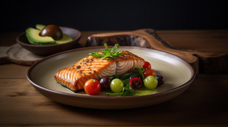 Grilled salmon fillet with avocado and cherry tomatoes on wooden tableの素材