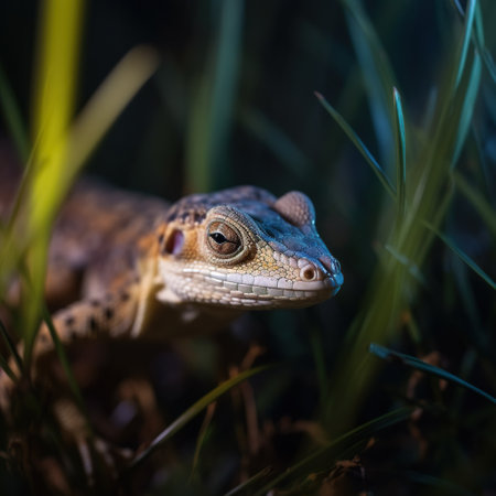 Close up of a lizard in the grass in the garden at sunsetの素材