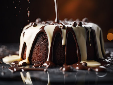 Chocolate bundt cake with chocolate glaze on a black backgroundの素材