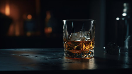 Whiskey on the rocks with ice in a glass on a dark backgroundの素材