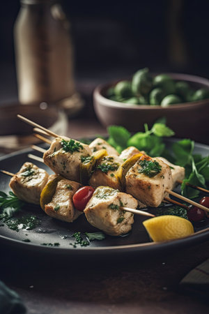 Chicken kebab on skewers with olives, tomatoes and herbsの素材