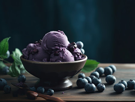 Delicious blueberry ice cream in bowl on wooden table, closeupの素材