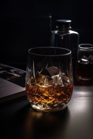 Whiskey on the rocks with ice cubes and book on dark backgroundの素材