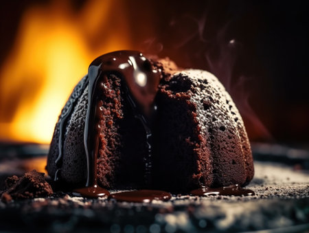 Chocolate fondant cake with melted chocolate on a dark background.の素材