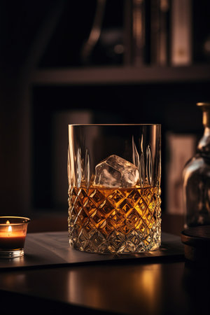 Whiskey on the rocks with ice in a glass decanterの素材