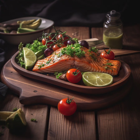 Grilled salmon fillet with vegetables and lime on a wooden boardの素材