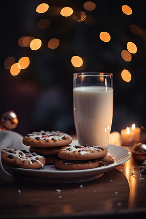 Glass of milk and cookies on a wooden table with Christmas lights in the backgroundの素材