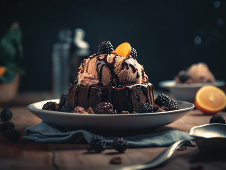 Chocolate bundt cake with ice cream and fresh berries on wooden tableの素材