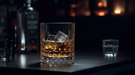 Whiskey on the rocks in a glass with ice cubes.の素材