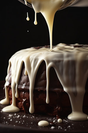 Chocolate cake with white icing on a dark background, closeupの素材