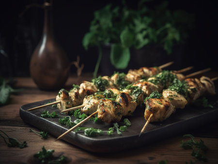 Grilled chicken skewers with parsley and pesto sauce on wooden boardの素材