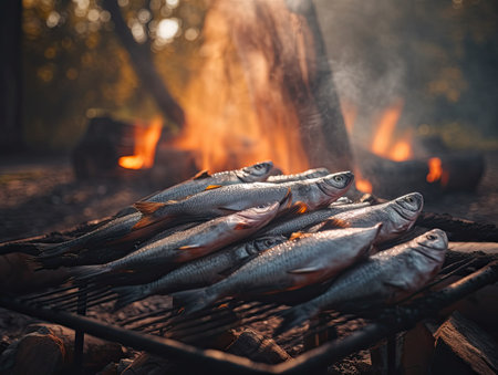 Smoked fish on the grill in the forest. Selective focus.の素材