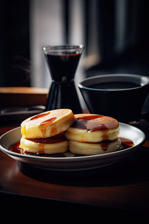 Pancakes with caramelized condensed milk on a dark background.の素材