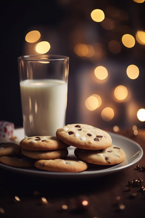 cookies with chocolate chips and a glass of milk on a wooden tableの素材