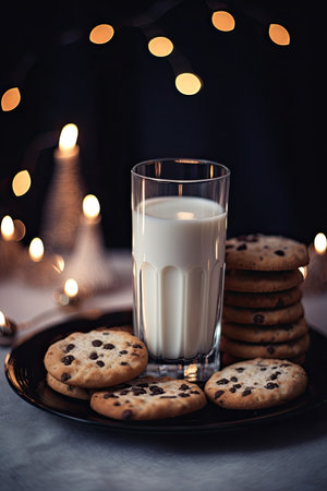 Chocolate chip cookies and a glass of milk on a dark backgroundの素材