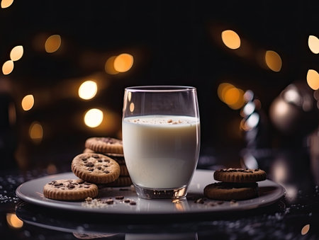 A glass of milk and cookies on a dark background with a bokeh.の素材