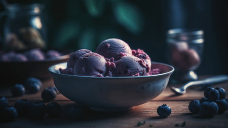 Blueberry ice cream in a bowl with fresh berries on a wooden tableの素材