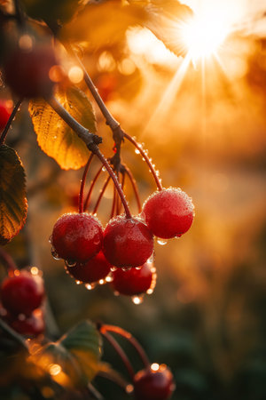 Red ripe cherries on a branch in the rays of the setting sunの素材