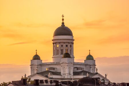 Ariel panoramic view of Helsinki at sunset with a Cathedral church and Market Square area on the shore of Baltic Sea in Helsinki, Finlandの写真素材
