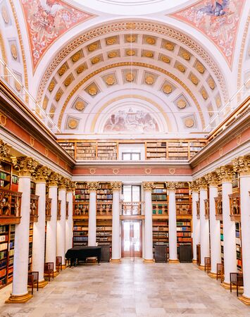 Helsinki Finland - September 19th 2019: National Library of Finland. Inside the building with book shelves and study tables. Photo from height.のeditorial素材
