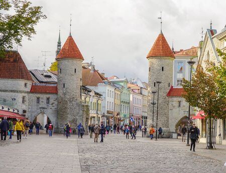 Tallinn, Estonia- October 1st 2019:Twin towers of Viru Gate in the old town of Tallinn, Estoniaのeditorial素材