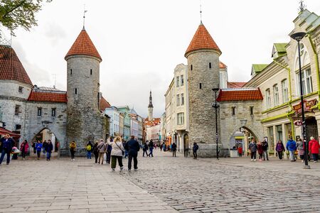 Tallinn, Estonia- October 1st 2019:Twin towers of Viru Gate in the old town of Tallinn, Estoniaのeditorial素材