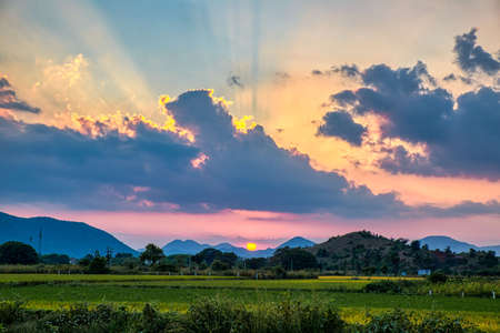 Perambalur, India. Circe January, 2020. A beautiful view of a green farm glistening in the golden hours of sunset as sun's rays split through spectacular pink clouded sky in Tamil Nadu, India.のeditorial素材