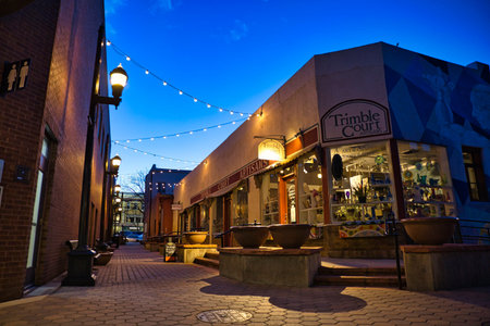 Fort Collins, USA. Circa April, 2018. A beautifully lighted street in the city square of Fort Collins.のeditorial素材