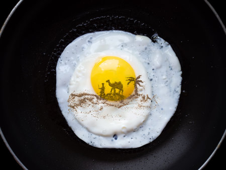 Drawing pepper in the form of a caravan on fried eggs