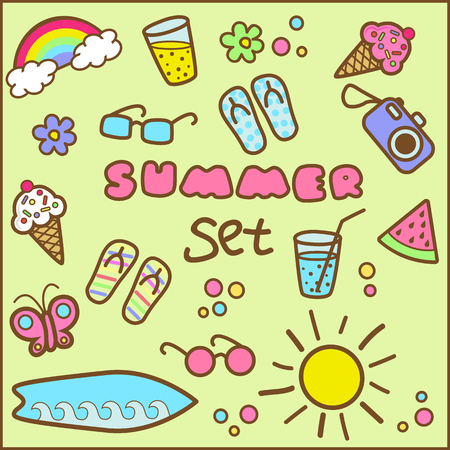 Summer set. Ice cream sun, drinks, glasses, slates, flowers, rainbow, surfboard, photocamera, watermelon, butterflies.のイラスト素材