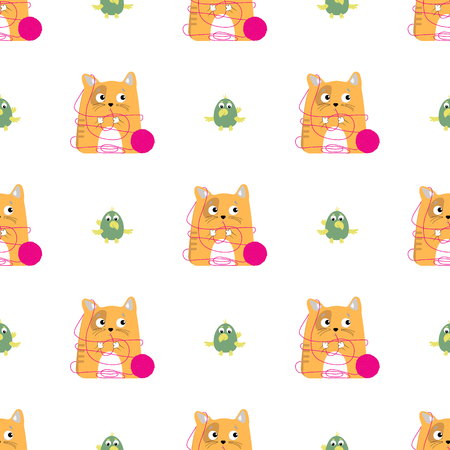 A red cat is tangled in threads and eats them. Transparent pattern.のイラスト素材