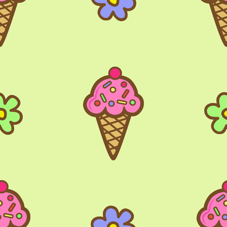 Pink Ice cream in waffle cone on the yellow background. Transparent Vector pattern.のイラスト素材