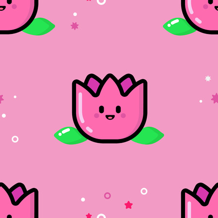 Seamless pattern with pink smiling flower. Variable background.のイラスト素材