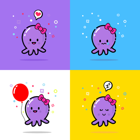 Octopus - girls on a different background. Love, joy, sadness and sleep. Changeable colors and background.のイラスト素材