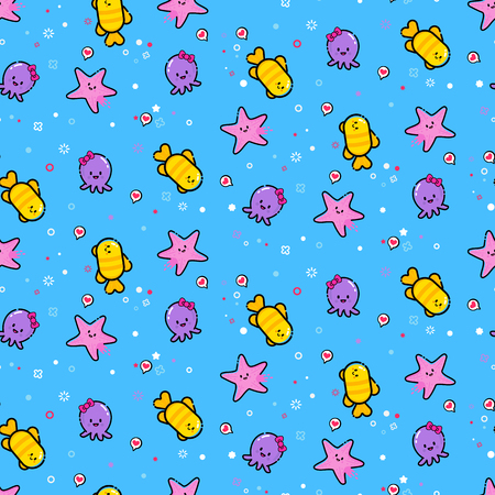 Seamless pattern on a sea theme. Cartoon fish, octopus and starfish.のイラスト素材