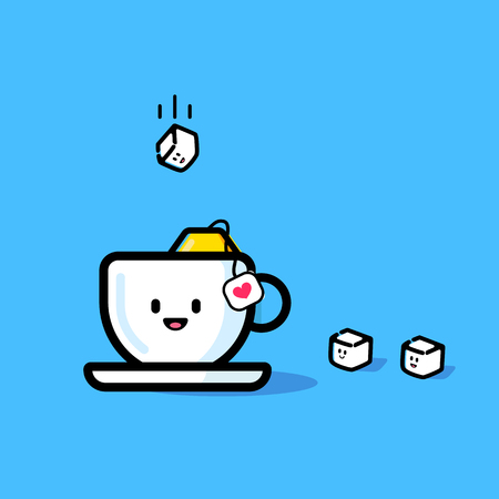 A cube of sugar flies into a mug. Changeable colors and background.のイラスト素材