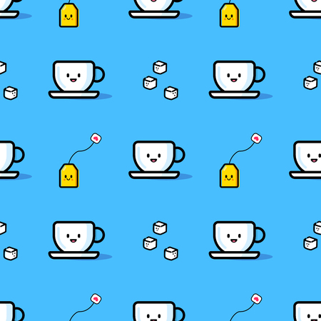 Seamless pattern from mug, sugar and tea bag isolated on a blue background.のイラスト素材
