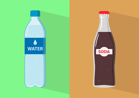 Double image. Clean water in a bottle and sparkling water. The concept of healthy and harmful food.のイラスト素材