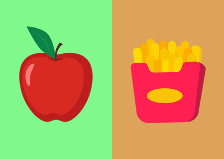 Double image. Red juicy apple and french fries. The concept of healthy and harmful food.のイラスト素材