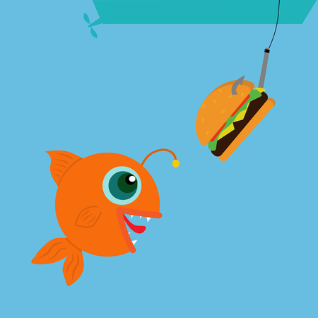 Funny fish looks at the hamburger. Fishing for a hamburger.のイラスト素材