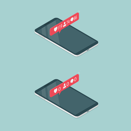 Phones with notification of a lot of likes, comments and followers and without themのイラスト素材